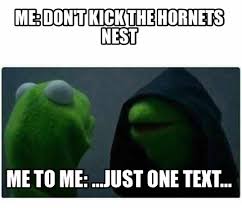Hornets nest or hornet's nest may refer to: Meme Creator Funny Me Don T Kick The Hornets Nest Me To Me Just One Text Meme Generator At Memecreator Org