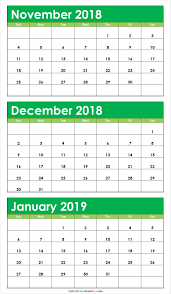 3 Month November December 2018 January 2019 Calendar Green Calendar Template Calendar Printables 2020 Calendar Template