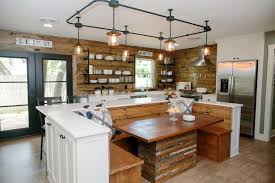 Eat In Open Kitchen With Built In Bench Seating Industrial Track Lighting And Natural Wood Elements Hgtv