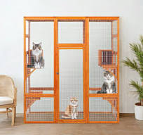 Pefilos 70" Outdoor Wood Cat House, Catio Kitty Enclosure Large Cat Cage  Condo Playpen with Platforms and Small House, Orange