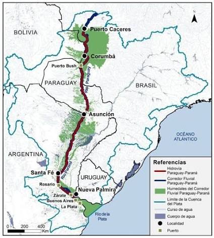 Mapa del corredor de la Hidrovía Paraguay-Paraná y sus tramos