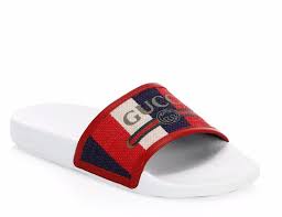 Gucci Multicolor Pursuit Red White Blue Canvas Print Classic Pool Slides B875 Sandals Size Eu 35 Approx Us 5 Regular M B 24 Off Retail