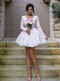 9.a wedding dress with a plunging neckline and a trendy cutout in the back that will make your grandma blush — but she can't complain because it has sleeves! Nectarean V Neck Long Sleeves Short Pink Ball Gown Bridesmaid Dress With White Lace Wedding Party Dresses 109 99 Simple Dress Com