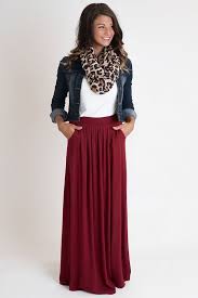 Maxi Skirt With Plain T Shirt Denim Jacket And Scarf Casual Autumn Look Burgundy Maxi Skirts Maxi Skirt Outfits Modest Outfits