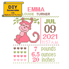 This very beautiful ideal for baby girls and boys birth sampler jungle animals baby cross stitch pattern will make a unique birth gift or be the. Monkey Birth Announcement Monkey Birth Record Cross Stitch Birth Sampler Cross Stitch Baby Girl Sampler Pink Diy Pattern Cross Stitch Jungle Zindagi Designs