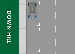 When parking facing downhill on a road with or without a curb, or when facing uphill on a road without a curb, turn your front wheels toward the edge of the road so your vehicle will roll away from traffic if the brakes fail. Parking On A Hill What To Do If You Re Uphill Or Downhill Driving School