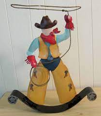 Cowboy Western Metal Art Sculpture Lasso Rocking Movement Painted 23 Tall Metal Art Sculpture Movement Painting Americana Decor