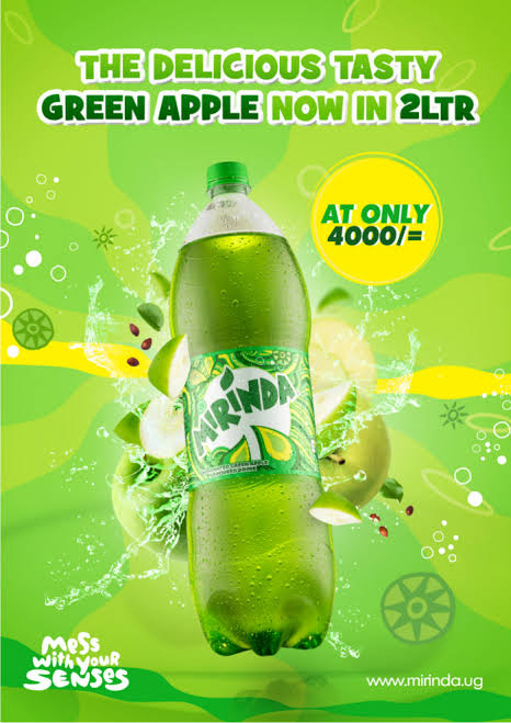 Poster quảng cáo nước giải khát Mirinda với tông xanh lá, minh họa cách chọn bảng màu cho poster