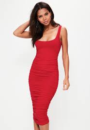 Missguided Red Ruched Sleeveless Bodycon Midi Dress Midi Dress Bodycon Midi Dresses Uk Dresses