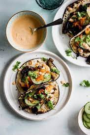 Korean Eggplant And Mushroom Tacos With Kimchi Cream Recipe Healthy Recipes Food Eggplant Recipes