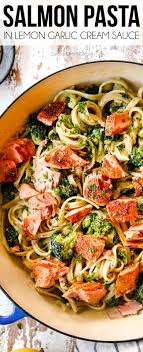 Top View Of Salmon Pasta Recipe In A Blue Skillet Garnished With Lemons And Parsley In 2020 Salmon Pasta Salmon Pasta Recipes Healthy Recipes