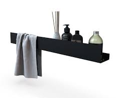 Bathroom glass shelves displayed below can be made to fit neatly into a corner to save space, and a few of the models also have small rails to help hold things in place or be perfectly flat. Modern Bathroom Shelf Lavanda Industrial Bathroom Black Shower Shelf Minimalist Bathroom Accessories Black Shelves With Railing Dabstory Bathroom Shelves Black Bathroom Shelves