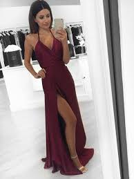 A Line V Neck Halter Floor Length Silk Like Satin Prom Dresses With Split Front 127 00 Prom Dresses Modest Evening Dresses Prom Prom Dresses Sleeveless