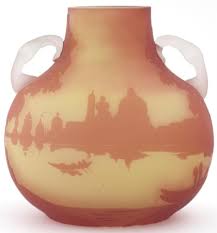 An Andre Delatte Cameo Glass Vase Compressed Ovoid Form With Applied Twin Handles Orange Glass Cased In Red With Venetian Classic Art Roman Glass Glass Vase