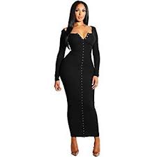 Women Long Sleeve Snap Button Casual Ankle Length Bodycon Ribbed Maxi Dress Black Size M Us 8 10 Ribbed Dresses Ribbed Maxi Dress Black Long Sleeve Dress
