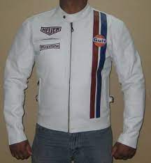 White Leather Jacket Motorcycle Gulf Firestone Red Blue Striped Racing Genuine Leather Leather Motorcycle Jacket Celebrity Jackets Motorbike Leathers