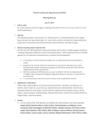 Teacher Certification Appeals Council (TCAC) Meeting Minutes July 27, 2017  1. Call to order Dr. Voiron called to order the regul