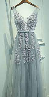 A Line V Neck Tulle Sleeveless Prom Dress Gray Blue Prom Dresses With Lace V Neck Homecoming Dress P153 Prom Dresses Sleeveless Grey Prom Dress Homecoming Dresses Long