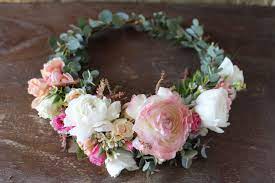 The Lina Crown Ranunculus Astilbe And Micro Eucalyptus Flower Crown Www Thecrowncollective Co Flower Crown Baby Flower Crown Flower Crown Bar