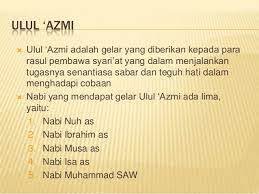 Ulul azmi adalah gelaran yang diberikan kepada para rasul yang memiliki kedudukan tinggi/istimewa kerana ketabahan dan kesabaran yang luar biasa, dalam menyebarkan agama islam. Kumpulan Materi Agama Nama Nama Rasul Yang Mendapat Gelar Ulul Azmi