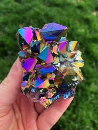 It's a very soothing stone with outputting vibrations full of calming and relaxing energy. Rainbow Aura Amethyst Cluster Titanium Aura Amethyst Crystal Titan New Moon Beginnings