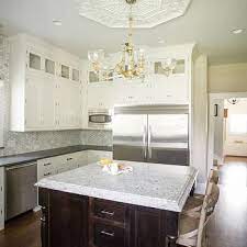 Here, it works well with the cloudy white cabinets, nickel pulls, stainless appliances and contrasting lighting hardware. Steel Gray Granite Counters Design Ideas