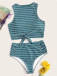 Black And White Striped Swimsuit 2 Piece Striped Knot Hem Top With Ruched High Waist Bikini Shein Swimsuits High Waisted Womens Swimsuits Bikini High Waisted Swimsuit Bottoms