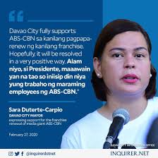 Sara duterte expressed appreciation to those who have been showing support for her. Inquirer On Twitter Presidential Daughter And Davao City Mayor Sara Duterte Carpio Expressed Support For The Franchise Renewal Of Media Giant Abs Cbn Saying Her Father President Rodrigo Duterte Is Also Concerned With The