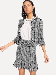 Black And White Plaid Skirt And Jacket Set Frayed Tweed Blazer Skirt Set Skirt Fashion Fashion Work Wear Women