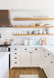 wood shelves subway tiles