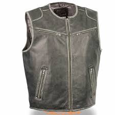 Milwaukee Mens Collarless Distressed Gray Leather Motorcycle Vest