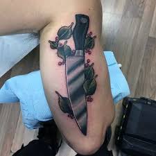 Extremely dangerous chef skull holding crossed knives with mouth tattoo nice traditional chef knife covered with chef skinny on banner and vegetables tattoo. 60 Chef Knife Tattoo Designs For Men Cook Ink Ideas