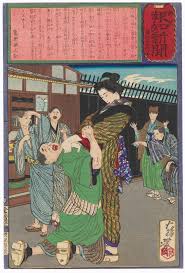 miyamoto hanako chastening a drunkard 1875 tsukioka yoshitoshi 1839 1892 print japanese art prints japanese geisha drawing japanese woodblock printing