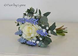 We understand that sometimes small alterations are needed, we offer limited alterations reimbursement for only our custom sizes. Small Wedding Posy White Rose White Gypsophila Blue Grape Muscari Hyacinth Eucalyptus Small Bridal Bouquets Wedding Flowers Bridal Flowers