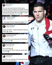 Ufc fighter chris weidman snapped his leg in half during a fight against uriah hall on saturday night and had to be transported out of the arena on a stretcher. Wyy Joieonk1tm