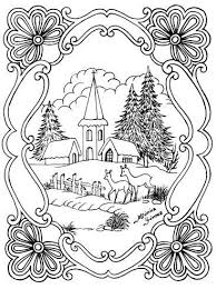 Winterlandschap Met Kerkje Ambachtelijke Patronen Kleurplaten Kleuren