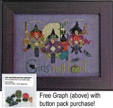 Everything cross stitch has this pattern, which includes all three designs for purchase on their website. Just Another Button Company Girls Night Out Button Pack Chart Cross Stitch Pattern 123stitch