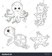 Cute Sea Animals Turtle Octopus Seahorse Starfish Vector Black And White Outline Illustration For Outline Illustration Seahorse Outline Turtle Outline
