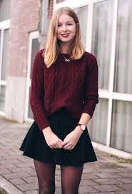 Burgundy Cable Knit Sweater Black Skater Skirt Christmas Outfits Women Outfits Invierno Black Skirt Outfits