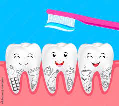 Cute Cartoon Tooth Character With Food And Toothbrush. Hand Draw Style.  Dental Care Concept. Illustration Isolated On Blue Background. Stock Vector  | Adobe Stock