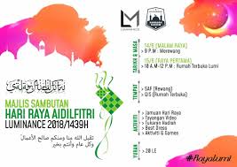Pada bulan syawal yang mulia ini, kami berhimpun untuk meraikan majlis hari raya aidilfitri, yang disebut sebagai hari kemenangan bagi ummat islam yang telah berjaya menghadapi segala cubaan dan dugaan melawan kehendak nafsu dengan keimanan, ketabahan dan kesabaran sepanjang ramadan yang telah lalu. Luminance Lumi Raya Hanyaku Sampaikan Doa Dan Facebook