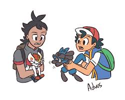 359824 - safe, artist:advosart, ash ketchum (pokémon), goh (pokémon),  cinderace, fictional species, human, lucario, mammal, primate, semi-anthro,  nintendo, pokémon, 2021, 2d, angry, cross-popping veins, digital art, ears,  eyes closed, fighting, fur