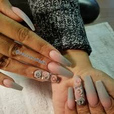 Black And Grey Ombre Coffin Nails Pink And Grey Ombre Acrylic Nails No Polish With Acrylic Flowers And Swarovski Crystals Coffin Nails Tapered S Ombre Nails Glitter Nails Grey Acrylic Nails