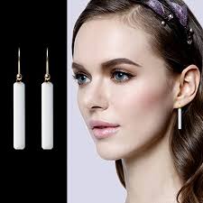 Pure 18k 14k Gold Snow Jade Modern Designer Bar Dangle Earrings