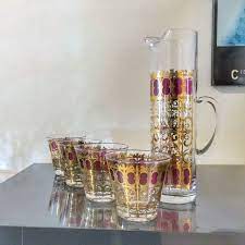 Cranberry Scroll Culver Glass 196o Vintage Glassware Retro Barware Martini Set Gold Gothic Filigree Lowball Whisk Martini Set Vintage Glassware Classic Barware