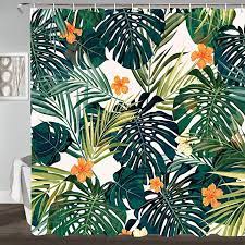 Amazon Com Jawo Tropical Leaf Shower Curtain Tropical Plants Palm Leaves With Flowers Polyester Fabric Bath C Tropical Plants Tropical Leaves Shower Curtain
