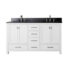 60 white bathroom vanity,double vanity,0.5 tempered glass vessel sink (light blue),orb faucet,drain parts,bathroom vanity,glass sink bowl,removable vanity pedestal,mdf board,mirror,mounting ring. Avanity Modero 60 Inch White Double Vanity With Black Granite Top And Double Sinks Modero Vs60 Wt A Bellacor