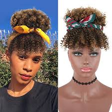 The side swept bangs with volumized ponytail looks mesmerizing. Krsi Afro Puff Clip Ponytail Drawstring With Bangs Short Kinky Curly Hair Bun Clip In On Wrap Updo Hair Extensions For African American Women T1b 27 Buy Online In Guam At Guam Desertcart Com Productid