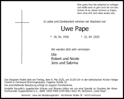 Thomas pape in dortmund finden sie mit privaten und beruflichen informationen wie biografien und lebensläufe, interessen und berufe und mehr aus dem internet in der personensuche von das telefonbuch Traueranzeigen Von Uwe Pape Sich Erinnern De