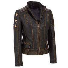 Womens Vintage Cafe Racer Punk Star Motorcycle Distressed Brown Leather Jacket Leather Jackets Women Zipped Leather Jacket Distressed Leather Jacket